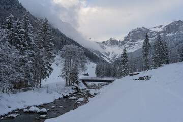 Alps in winter, Uri, Switzerland, bridge  - obrazy, fototapety, plakaty
