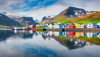 colorful building of small fishing town seydisfjordur reflected in the calm waters of north atlantic ocean beautiful summer scene of east west iceland europe traveling concept background