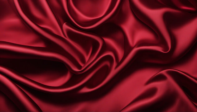 Luxurious Dark Red Silk Satin Background with Glossy Folds - Ideal for Christmas, Birthday, Valentine Decor. Elegant, Rich and Sophisticated Flat Lay Display.