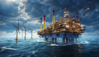 An oil rig with wind turbines in the sea.