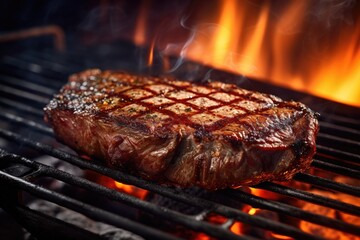 piece of meat being grilled outdoors. It is a common barbecue dish and is being cooked over an open flame. - obrazy, fototapety, plakaty