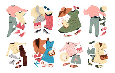 Outfits set in casual style for women. Fashion clothing, accessories, shoes for spring and summer. isolated flat vector illustrations on background