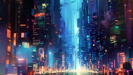 Glitch City neon lights digital distortion abstract. Abstract futuristic cyberspace, grunge glitch background. Animation. Concept of data center and modern technologies, moving through tons of data, s - Powered by Adobe