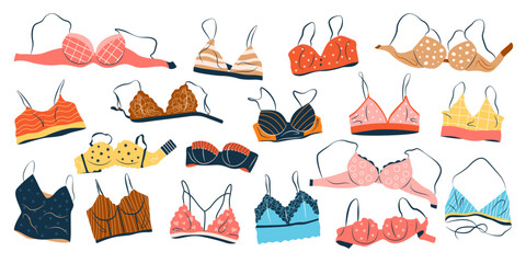Set of bra, underwear for women. Fashion collection with various types of underclothing. isolated hand drawn cartoon vector illustrations with colorful lingerie on white background. - obrazy, fototapety, plakaty