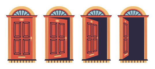 Apartment close and open door. House door animation, opened and closed wooden doors flat vector illustration set. Entrance door in various positions