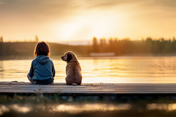 Young Boy and Golden Retriever Sitting on Wooden Dock Over Lake at Sunset