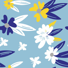Seamless floral pattern based on traditional folk art ornaments. Colorful flowers on color background. Scandinavian style. Sweden nordic style. Vector illustration. Simple minimalistic pattern