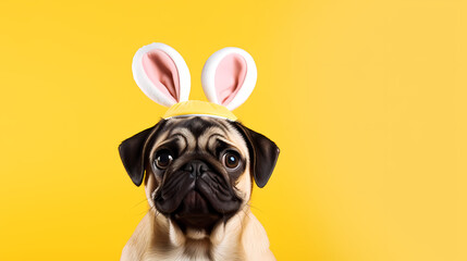 Happy smiling pug with bunny ears on yellow background. Easter concept, blank background - obrazy, fototapety, plakaty
