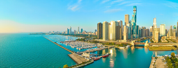 Aerial Chicago Skyline and Marina at Golden Hour Panorama
