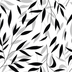 Floral seamless with hand drawn exotic black and white leaves. Cute summer background. Tropic branches, sprigs. Modern floral compositions. Fashion vector illustration for wallpaper, fabric, textile