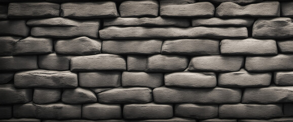 Aged Charcoal Brick Wall Close-Up. Moody Stone Surface. Irregular, Rough Masonry. Distressed Black Abstract Banner.
