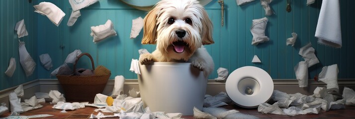 Funny mischievous dog chewed and scattered toilet paper in the toilet room - obrazy, fototapety, plakaty