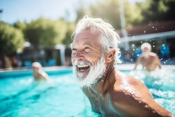 Fotobehang Active senior man enjoying aquafit class in a outdoor pool © Olivia