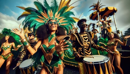 Carnival celebration with dancers in green and gold feather costumes, joy, and music.
