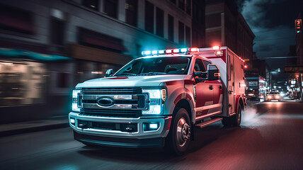 Ambulance racing through  on night in city. Medical emergency, first responder concept. 
