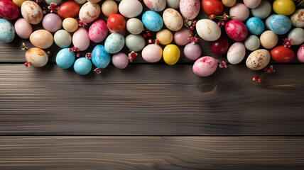 Easter composition with colored eggs, sweets. Dark wooden background with copy space flat lay Holiday concept congratulation card