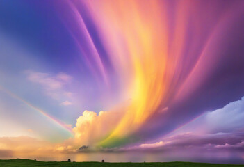 Colorful sky with billowy clouds. Vibrant purple, green, and yellow backdrop perfect for designing. Dream-like skies full of magic and wonder. Fabulous, enchanting, and shimmering.