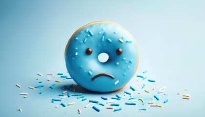 Blue monday concept. Doughnut with sprinkles and sad smiley face isolated on solid background - obrazy, fototapety, plakaty