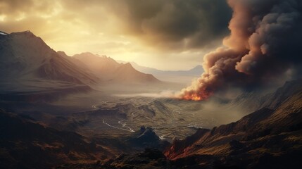 A breathtaking vista of a volcanic landscape, with rugged terrain and steaming vents under a dramatic sky
