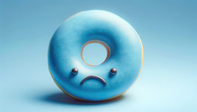 Blue monday concept. Doughnut with sad smiley face isolated on solid background