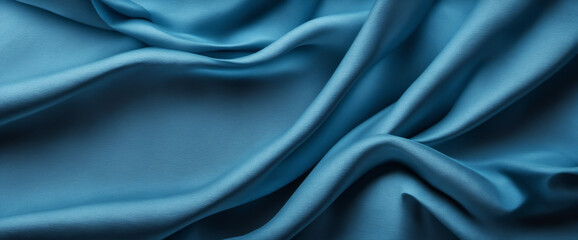 Fototapeta premium Textile background. Navy blue crumpled cloth. Dark fabric with creases. Blank area for creative projects. Wide horizontal banner. Panoramic backdrop.