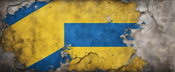 Ukrainian flag painted on grungy concrete wall - wide panoramic banner with space for design.