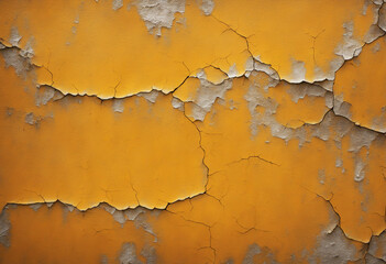Vintage distressed yellow and orange metal texture with peeling paint and rust. Background for design with rustic charm.