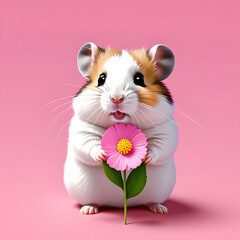 Cute Hamster Holding a Flower Pink Background 