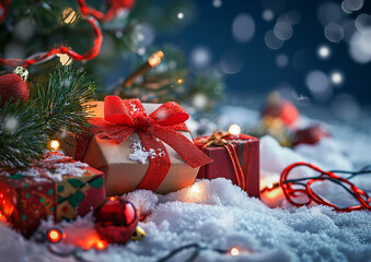 Christmas red decorations on snow with gift boxes fir tree branches and christmas lights
