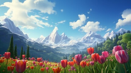 A picturesque meadow filled with blooming tulips, with a backdrop of distant mountains under a clear sky