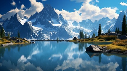 A picturesque mountain lake, with reflections of towering peaks and a clear blue sky