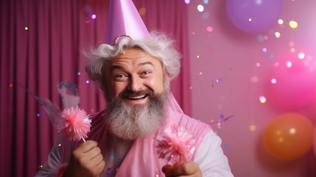 Funny man wears fairy costume, invites you on holiday or costume party, indicates right at blank space, holds magic wand, poses against rosy wall. Dad entertains children during birthday