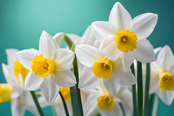 Beautiful white daffodils or narcissus flower against turquoise background. Spring theme.