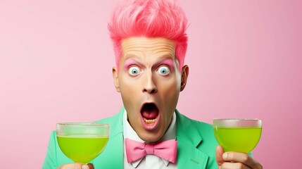 Photo of shocked terrified pink haired man applies green beauty patches under eyes to reduce puffiness holds glass of cocktail stares with omg expression at camera isolated over white - obrazy, fototapety, plakaty