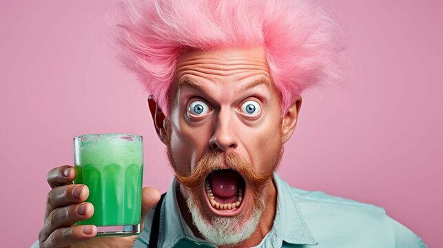 Photo of shocked terrified pink haired man applies green beauty patches under eyes to reduce puffiness holds glass of cocktail stares with omg expression at camera isolated over white