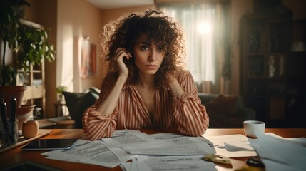 Serious curly haired woman manages household family budget calculates expenditures takes care of...