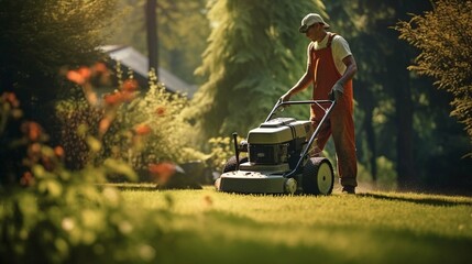 The male worker mows the grass on the site, cares for the garden, uses a gasoline lawn mower - obrazy, fototapety, plakaty