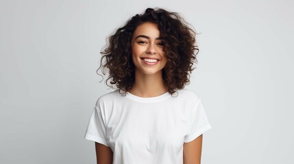 Waist up shot of pleasant looking woman with piercing in nose dressed in casual t shirt keeps arms down being in good mood isolated over white background. People and positive emotions - obrazy, fototapety, plakaty