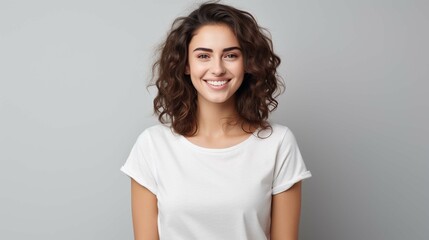 Waist up shot of pleasant looking woman with piercing in nose dressed in casual t shirt keeps arms down being in good mood isolated over white background. People and positive emotions
