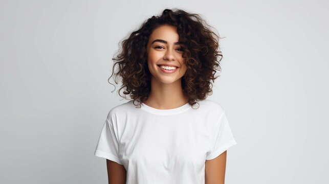 Waist Up Shot Of Pleasant Looking Woman With Piercing In Nose Dressed In Casual T Shirt Keeps Arms Down Being In Good Mood Isolated Over White Background. People And Positive Emotions