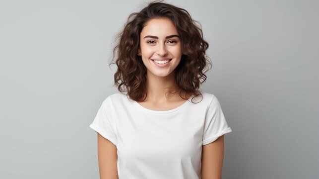 Waist up shot of pleasant looking woman with piercing in nose dressed in casual t shirt keeps arms down being in good mood isolated over white background. People and positive emotions