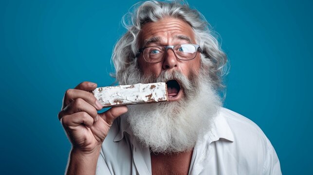 White Bearded Man Eating Chocolate Bar Isolated On Blue Background