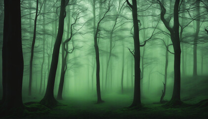 Eerie Mist. After Dark. Silhouettes of Tall Bare Trees. Spooky Backdrop for Design.