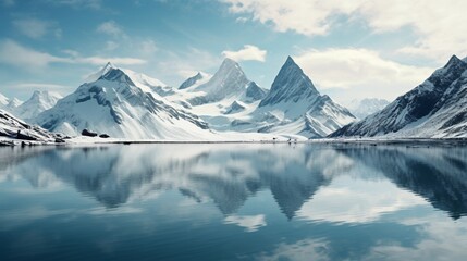 Fototapeta na wymiar Majestic snow-capped mountains reflecting their pristine beauty onto a crystal-clear alpine lake