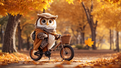 Cute cartoon owl on a bicycle in the autumn park leaves