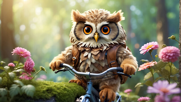 Cute cartoon owl on a bicycle in the summer park