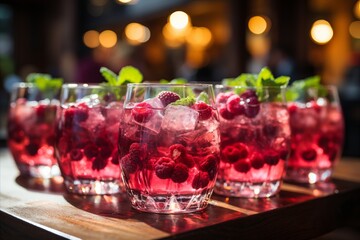 Transparent Glasses of refreshing lemonades  with ice cubes and fresh fruit and berries, close-up