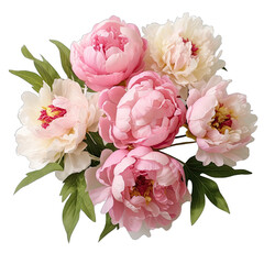 Peony Flower Bouquet Capturing the Beauty of Peonies With Leaves in a Natural Arrangement.. Isolated on a Transparent Background. Cutout PNG.