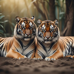 Two tigers lying on soil
