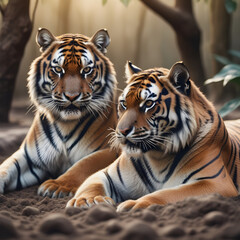 Obraz premium Two tigers lying on soil